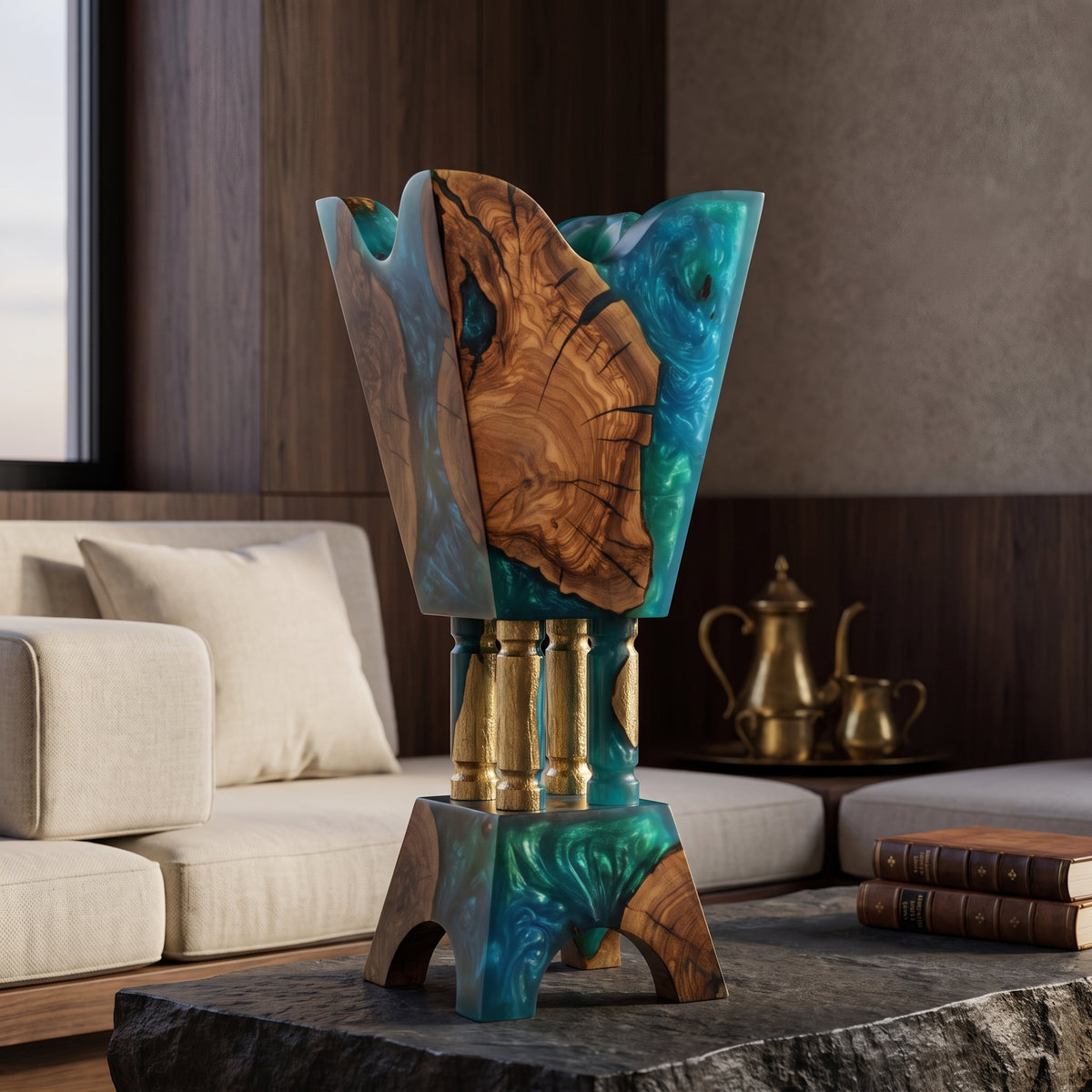 Large Epoxy & Olive Wood Bakhour Burner - 60cm Statement Piece