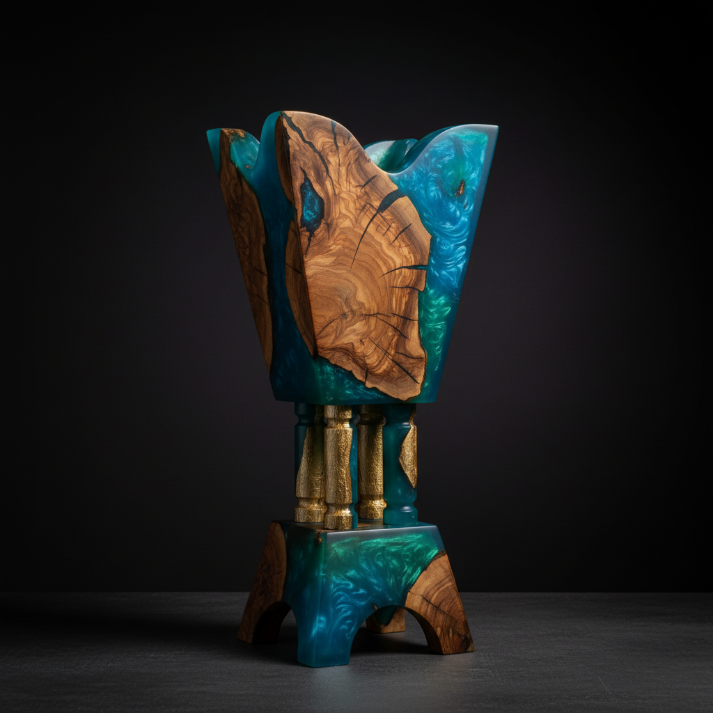 Large Epoxy & Olive Wood Bakhour Burner - 60cm Statement Piece